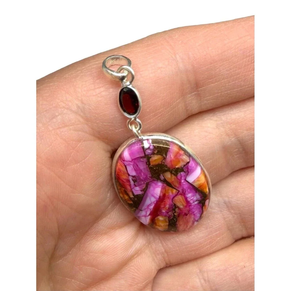 Kingman Pink Dahlia Turquoise Garnet Necklace Pendant Solid 925 Sterling Silver